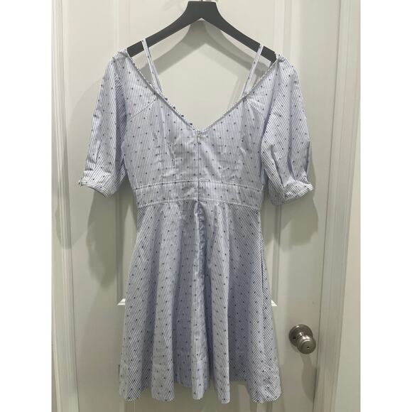 DEREK LAM 10 CROSBY White Blue Striped Embroidered Pin Dots V-Neck Dress 6 - Picture 5 of 8